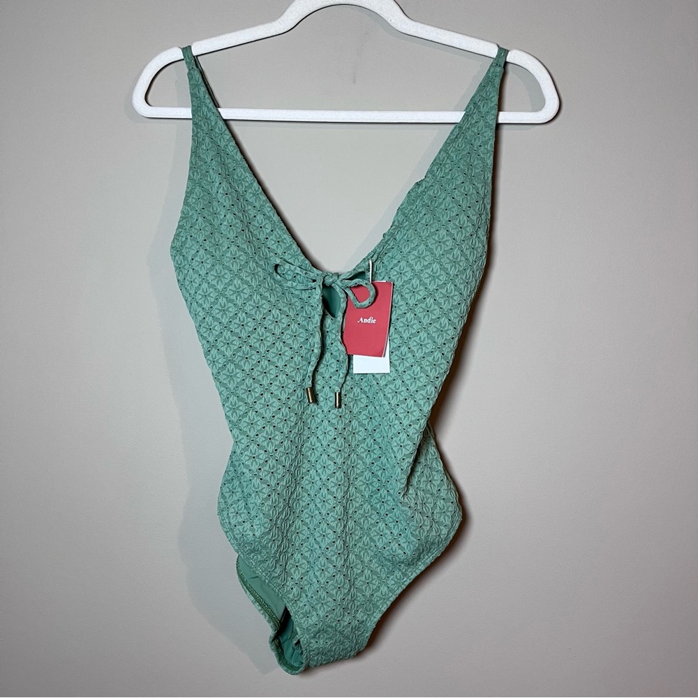 Andie NEW Sicily Eyelet Keyhole Tie Front One Piece Swimsuit Eucalyptus Green S - Picture 2 of 8